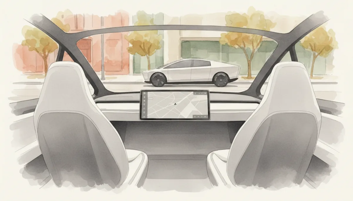 Minimalist interior of Tesla Cybercab without steering wheel or pedals Minimalist interior of Tesla Cybercab without steering wheel or pedals