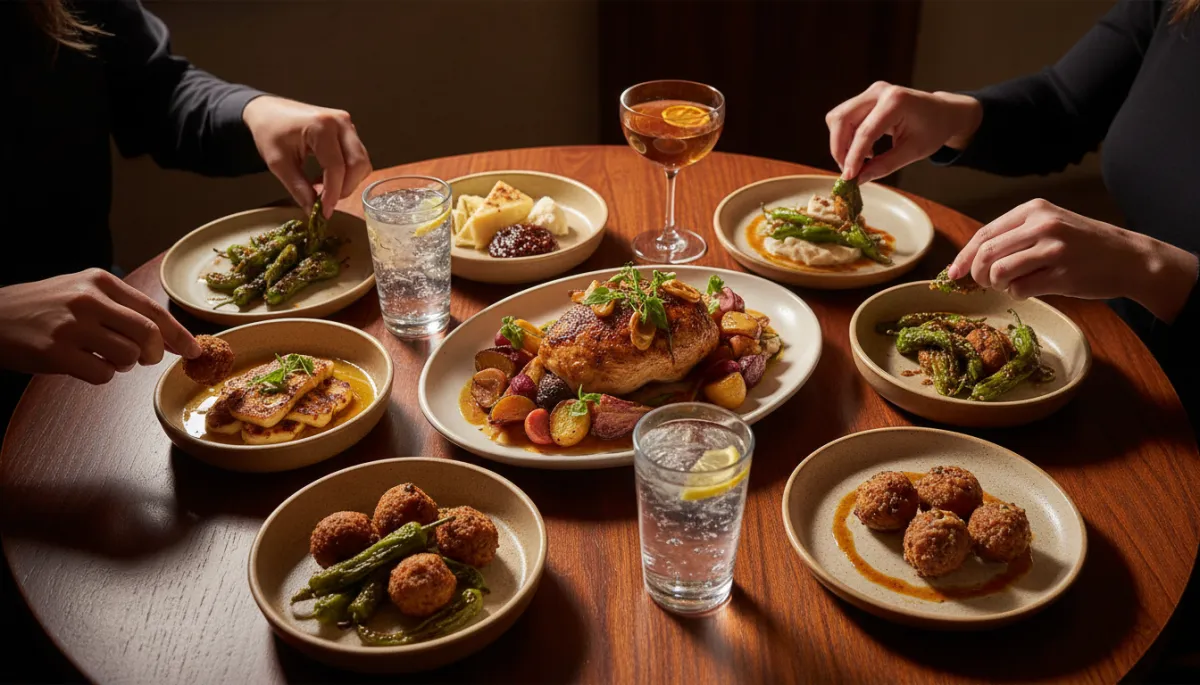 Shared plates and seasonal dishes on a wooden table at a neighborhood restaurant
