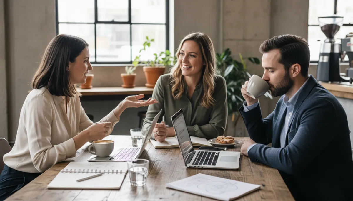 Entrepreneurs talking and collaborating at a professional coffee meetup in Austin