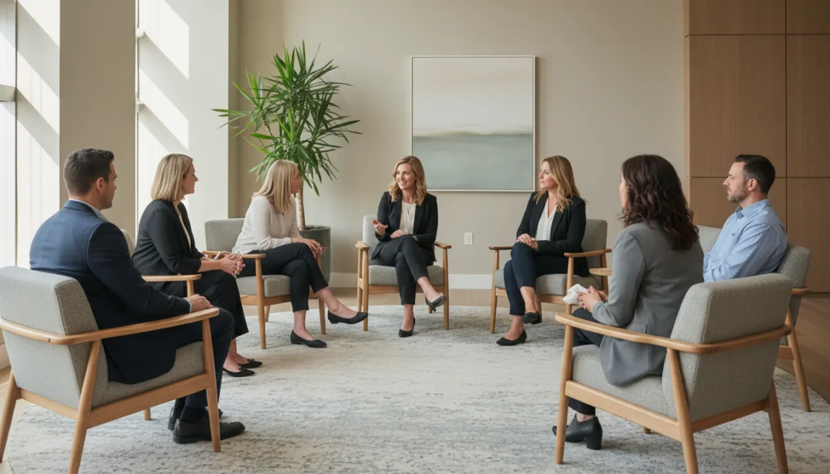 Group counseling session with a therapist facilitating discussion in Austin Group counseling session with a therapist facilitating discussion in Austin