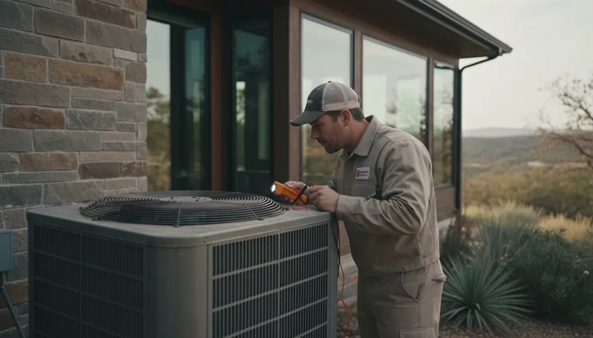 HVAC technician performing air conditioning maintenance at a Barton Hills home