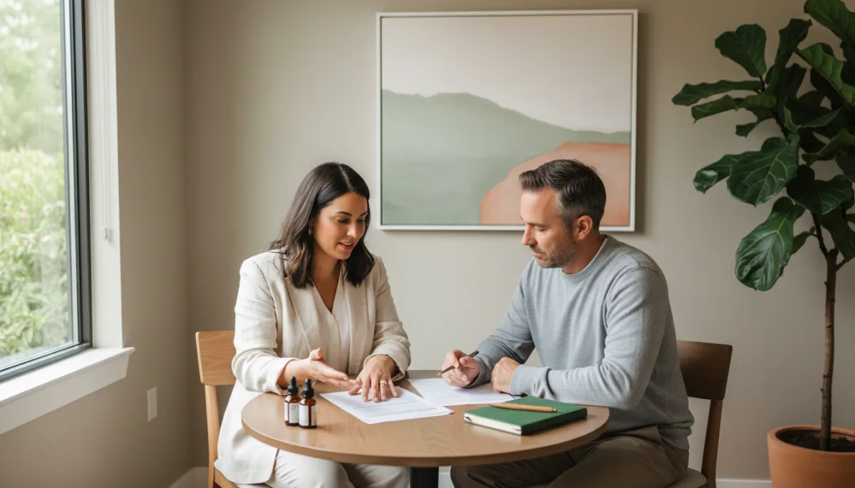 Practitioner and client discussing integrative health plan in a wellness clinic Practitioner and client discussing integrative health plan in a wellness clinic