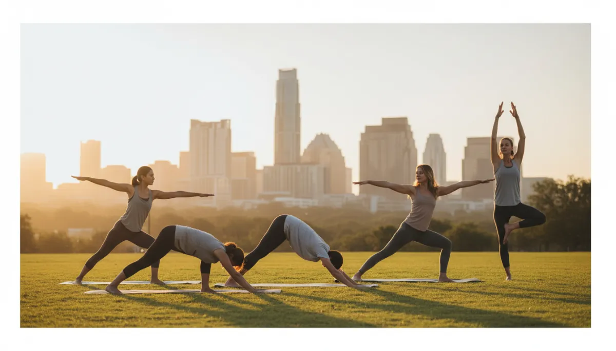 Group doing sunrise yoga on the lawn at Zilker Park with the city skyline in the distance