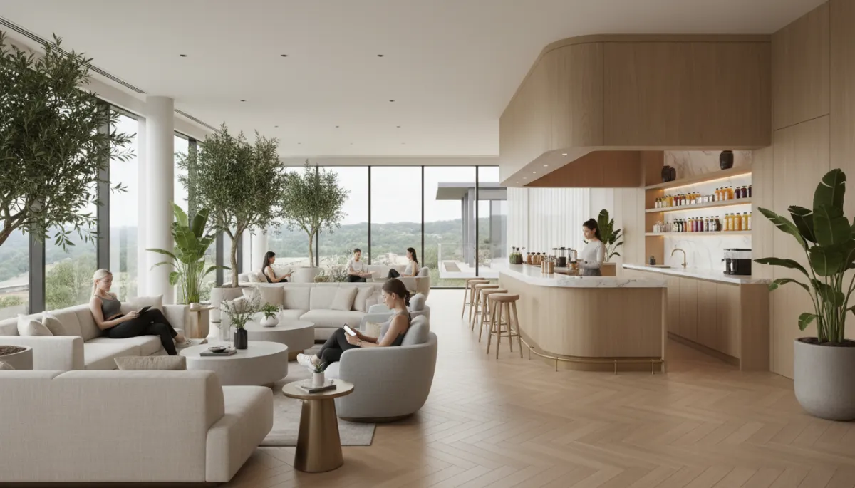 Members relaxing in a neutral-toned lounge area inside a luxury Austin gym Members relaxing in a neutral-toned lounge area inside a luxury Austin gym