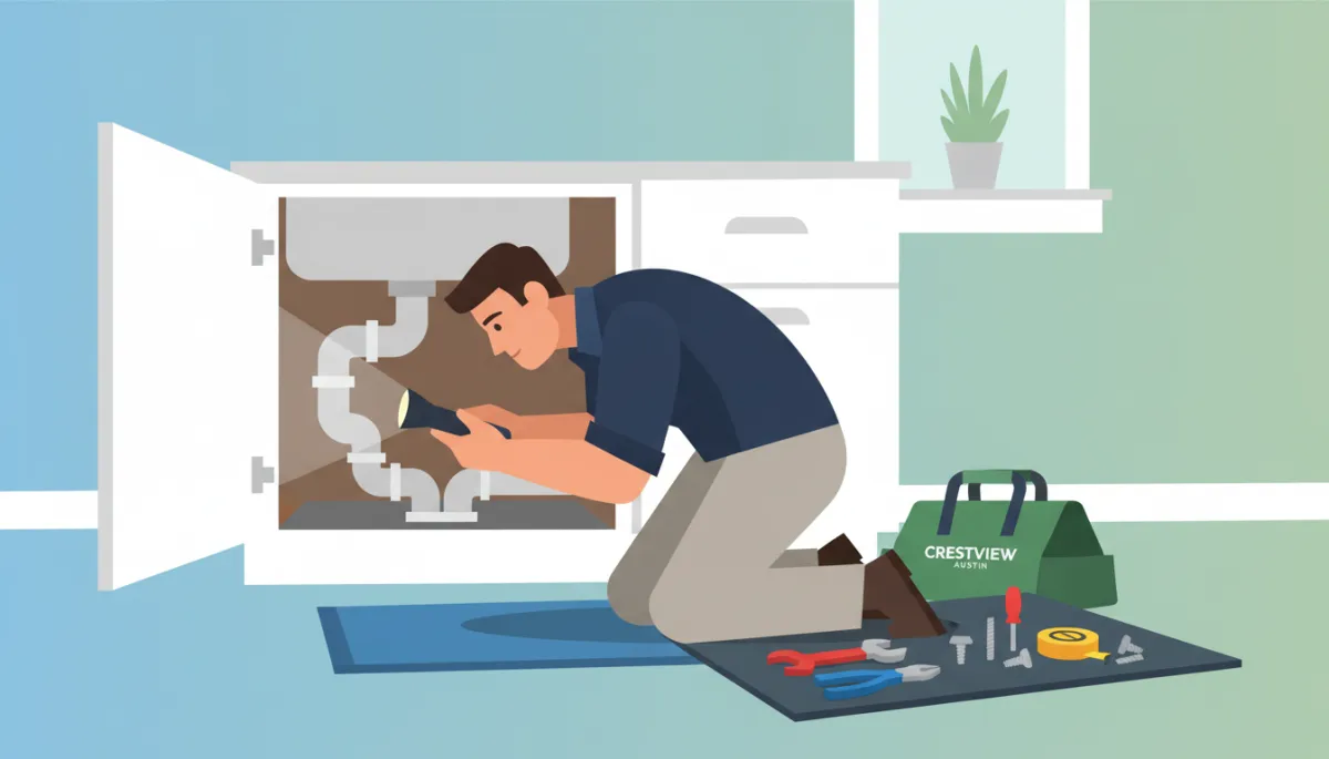 Plumber performing detailed inspection under a kitchen sink in an Austin home