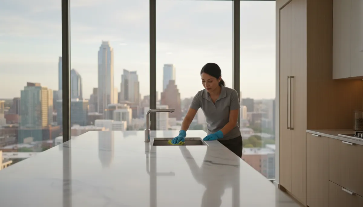 Cleaner performing detailed house cleaning in an Austin kitchen Cleaner performing detailed house cleaning in an Austin kitchen