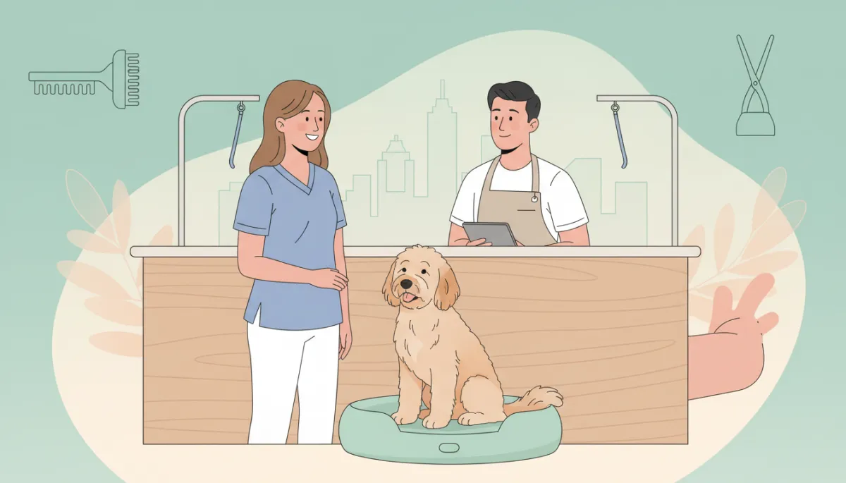 Dog owner consulting with a groomer at a modern Austin pet salon Dog owner consulting with a groomer at a modern Austin pet salon