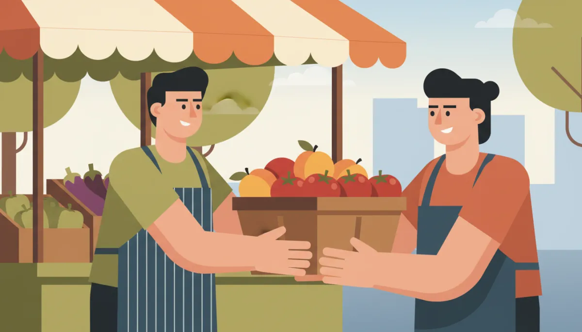 Vendor handing fresh peaches and tomatoes to a shopper at a farmers market stall Vendor handing fresh peaches and tomatoes to a shopper at a farmers market stall