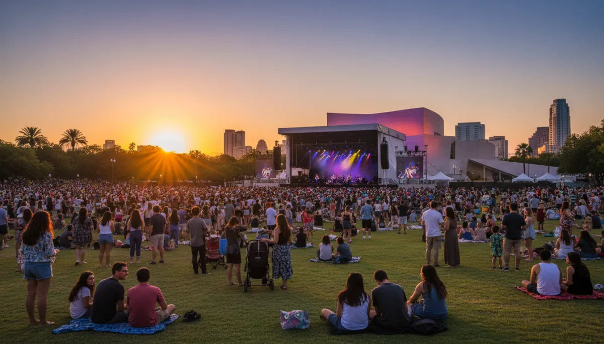 Long Center lawn with crowd and Austin skyline at dusk