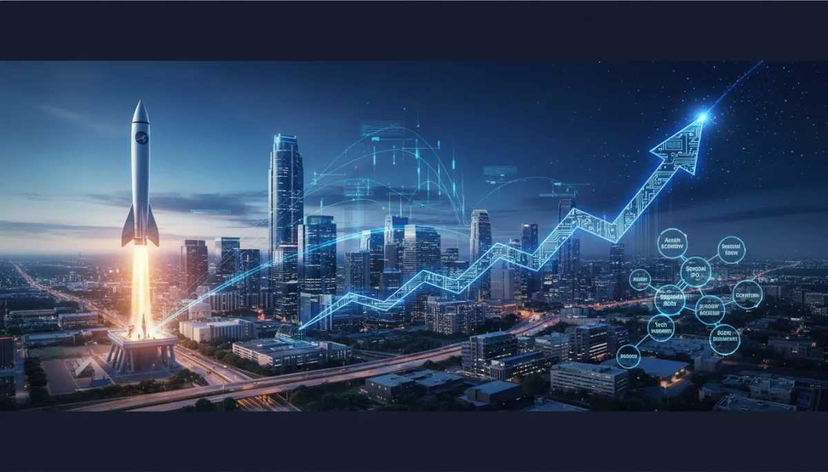 Austin skyline with SpaceX logo symbolizing economic growth