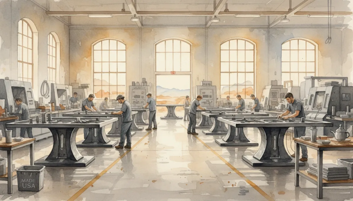 professional, neutral-toned factory floor in Tucson Arizona with workers assembling heavy-duty metal table bases, clean organized production lines, soft natural light from high windows, subtle focus on Made in USA branding on equipment