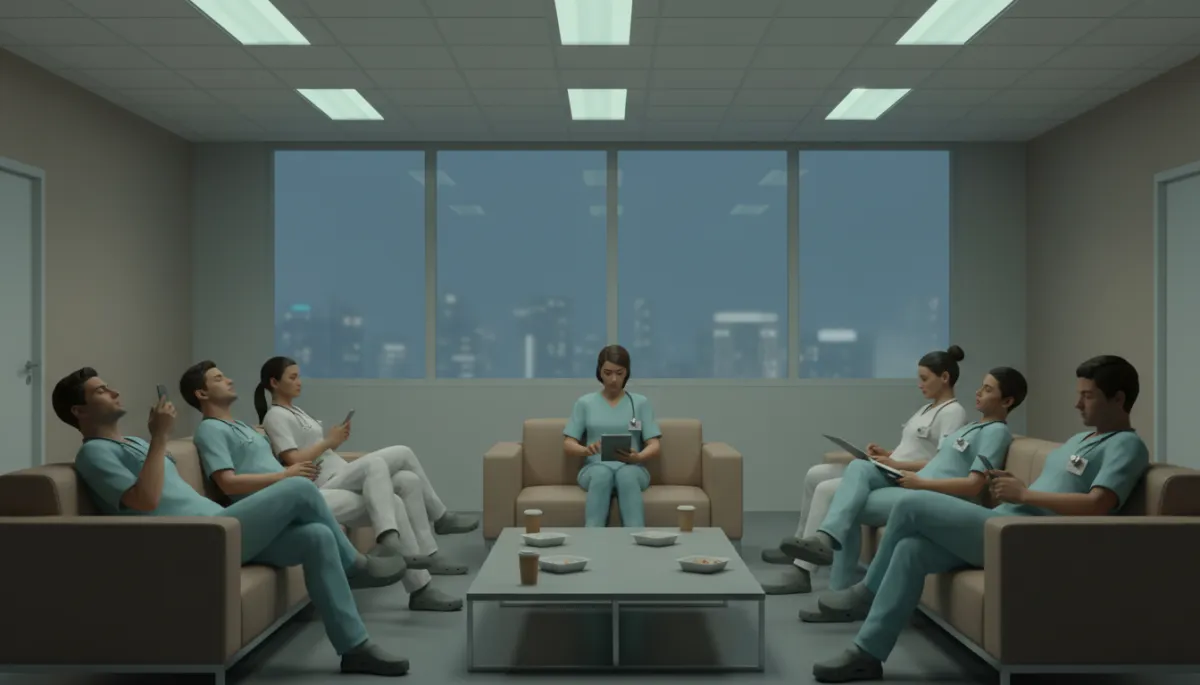 Equipo médico descansando brevemente en una sala de descanso hospitalaria durante la noche Equipo médico descansando brevemente en una sala de descanso hospitalaria durante la noche