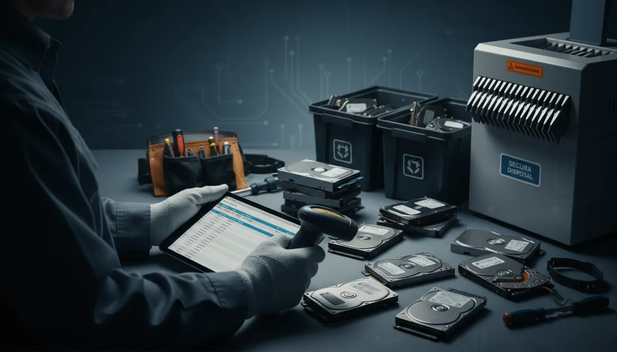 Technician preparing hard drives for secure data wiping and shredding