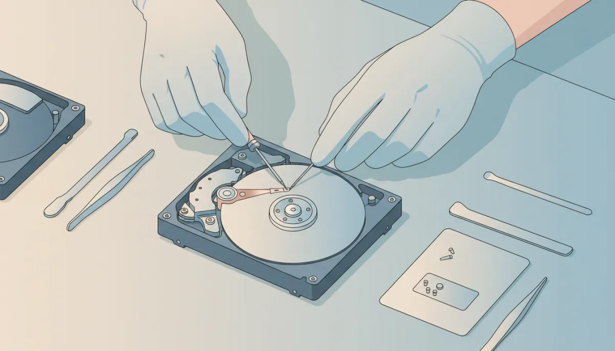 Technician dismantling a hard drive as part of secure data destruction process Technician dismantling a hard drive as part of secure data destruction process