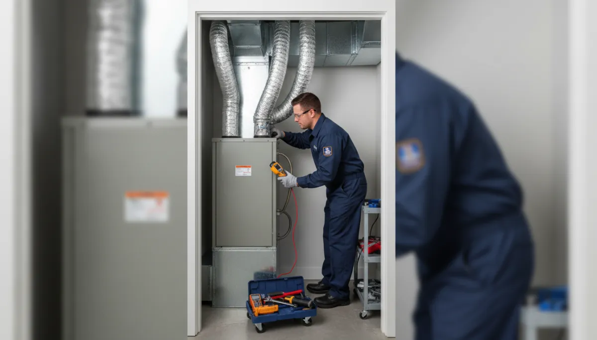 HVAC technician inspecting an indoor air handler and duct connections