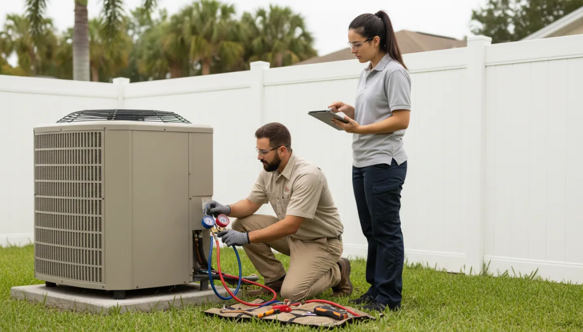 Photorealistic HVAC technicians inspecting outdoor AC unit in Port St. Lucie