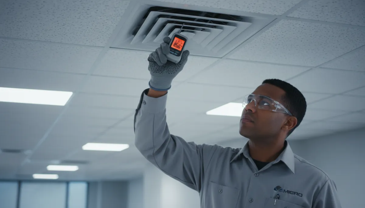 Photorealistic HVAC technician checking warm air from AC vent