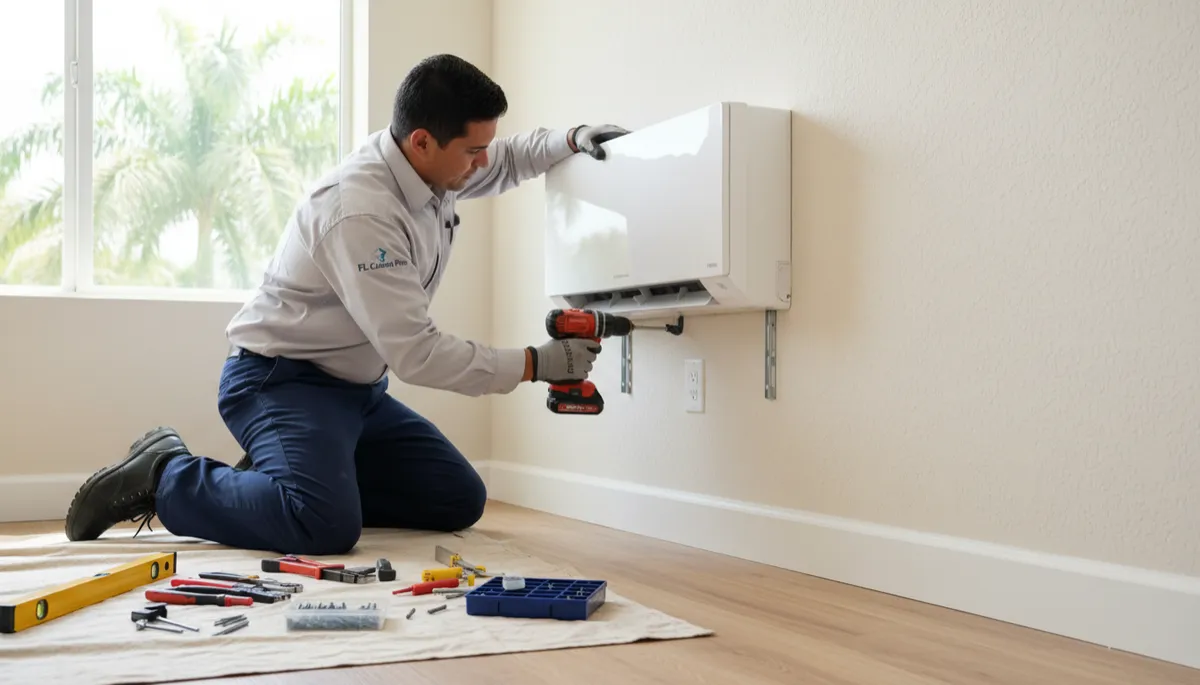 Technician installing a ductless mini-split indoor unit in a Florida home