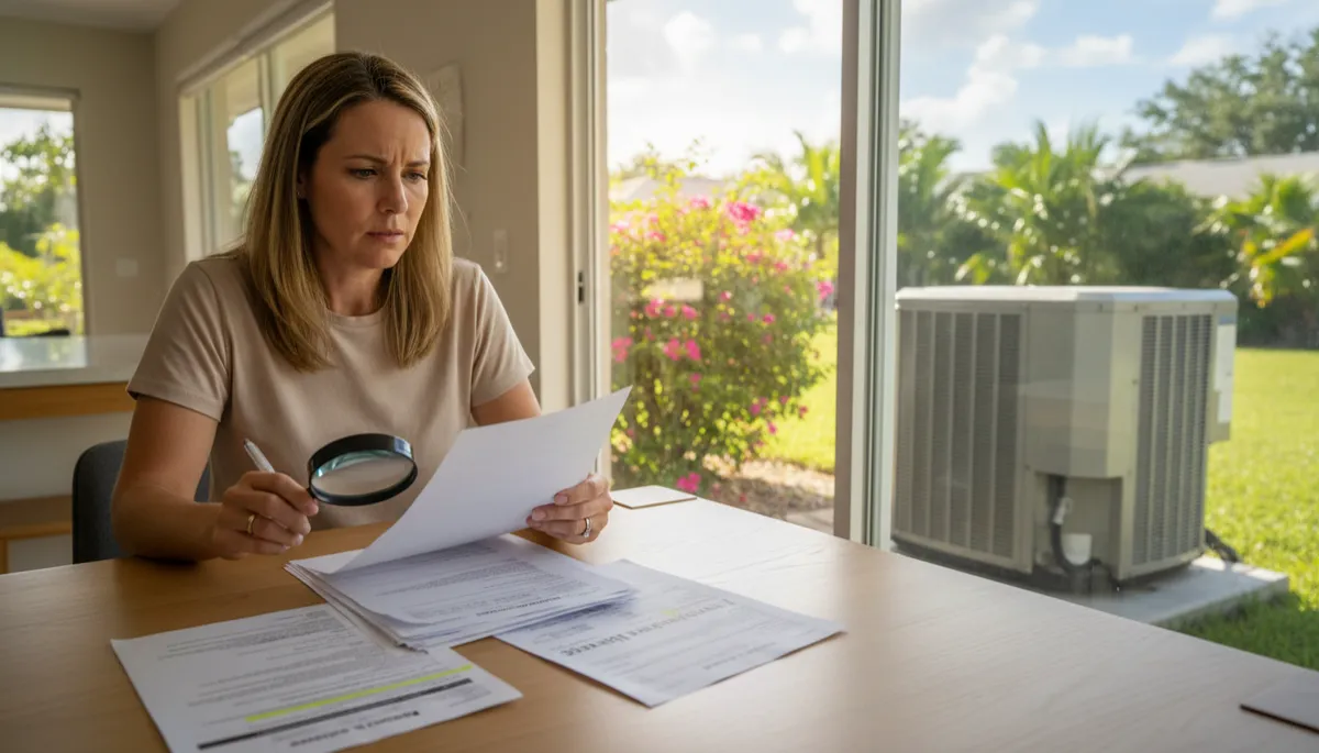 Homeowner reviewing insurance documents after AC installation