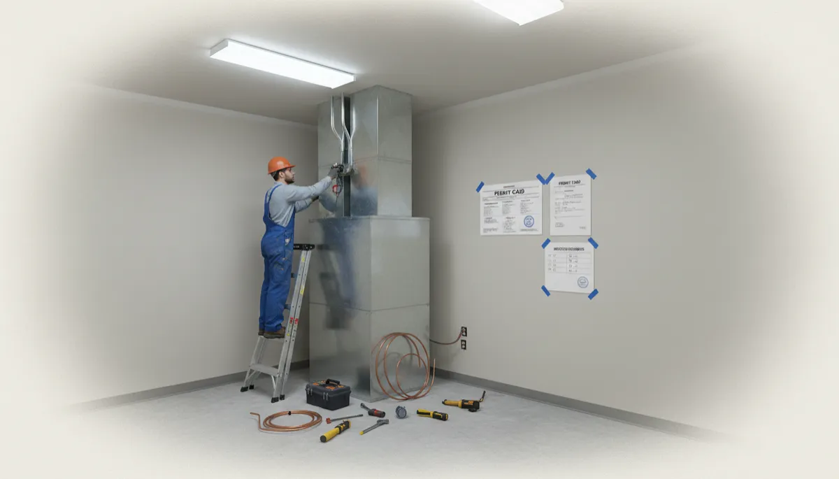 Technician installing an indoor air handler with permit documents on-site