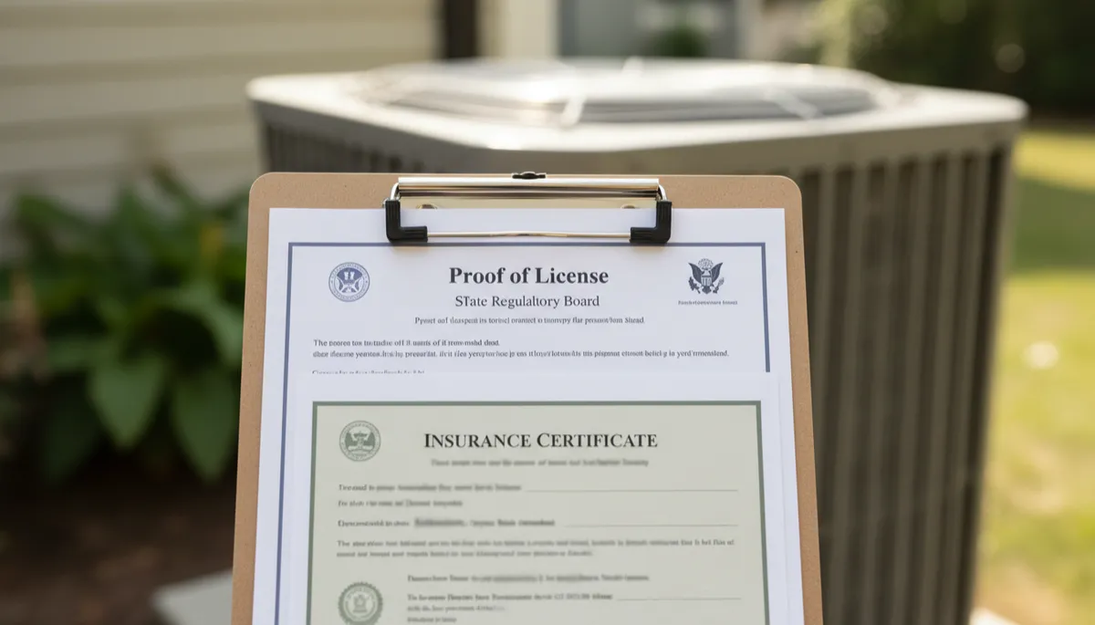 HVAC technician showing license and insurance documents near AC unit