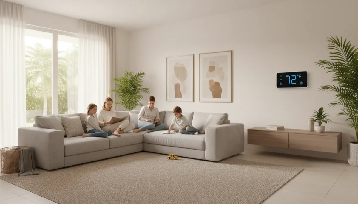 Comfortable Port St. Lucie living room with thermostat and family relaxing