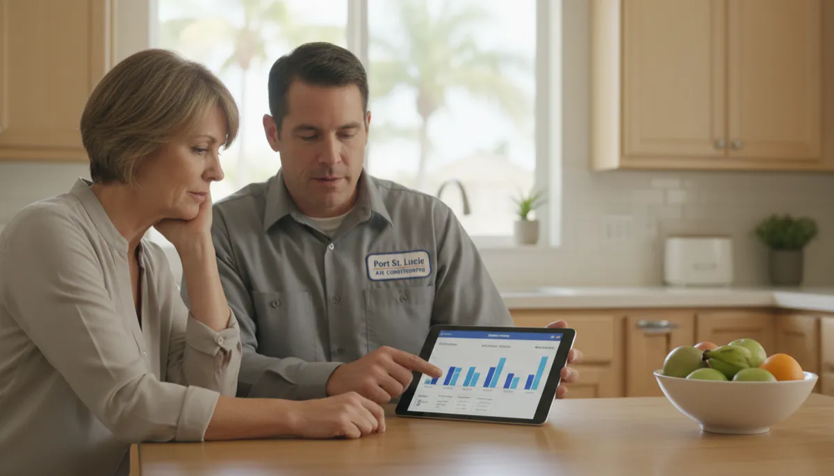 HVAC technician reviewing high-efficiency AC options with Port St. Lucie homeowners
