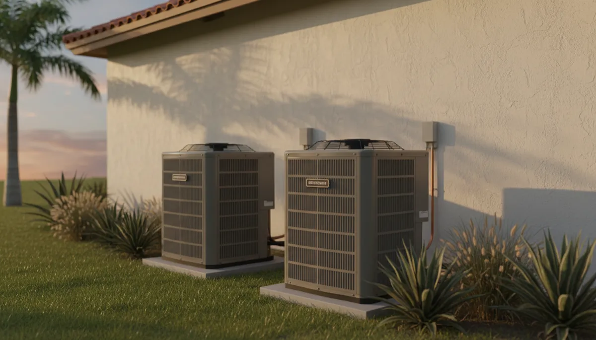 Standard and high-efficiency AC condensers installed outside a Florida home