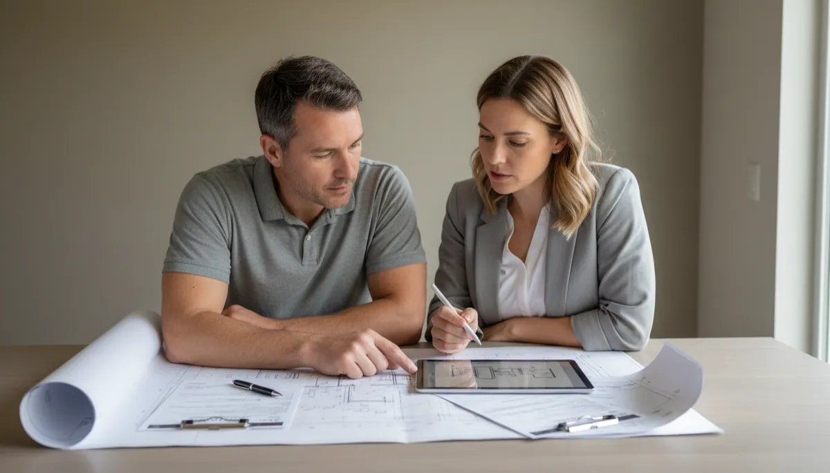 Homeowner reviewing AC plans and permits with HVAC contractor