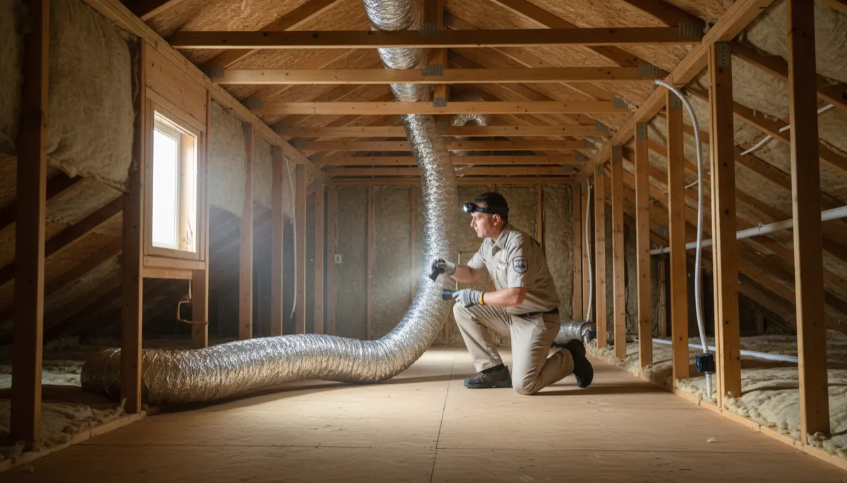 Technician checking ductwork capacity above a home addition