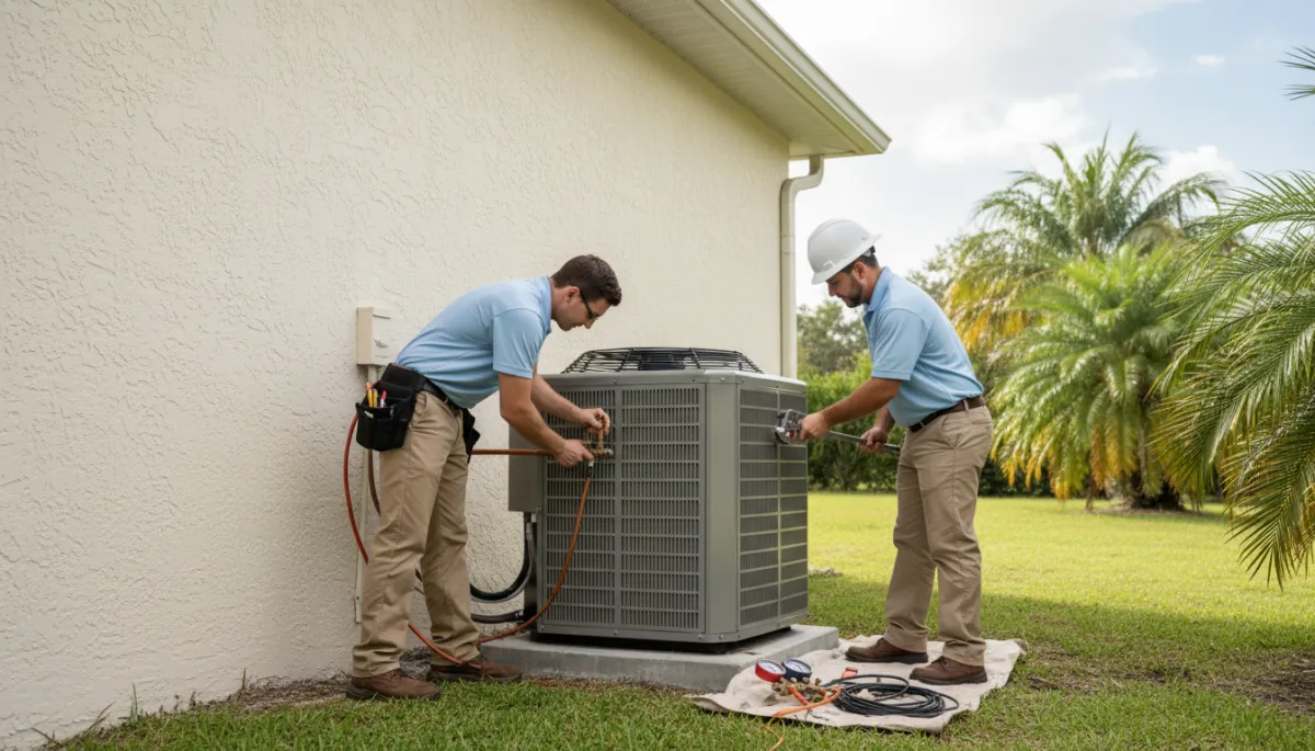 photorealistic wide shot of professional HVAC technicians installing a new central AC condenser beside a stucco Florida home in a neutral color palette, bright but soft daylight, clear labeling space for text overlay