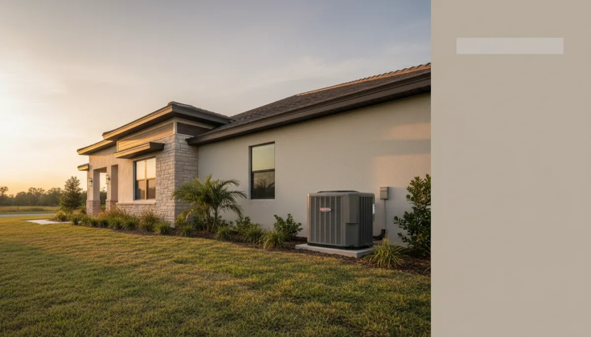 photorealistic neutral-toned scene of a Port St. Lucie single-family home exterior with a modern central AC condenser unit beside the house, late afternoon light, subtle text overlay area in the sky