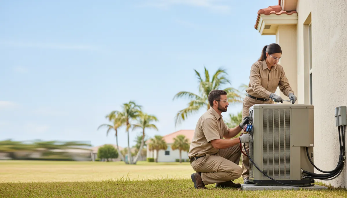 photorealistic neutral-toned scene of professional HVAC technicians installing a new outdoor AC condenser at a Florida single-family home, one technician checking gauges and another securing refrigerant lines, clear sky and palm trees in background
