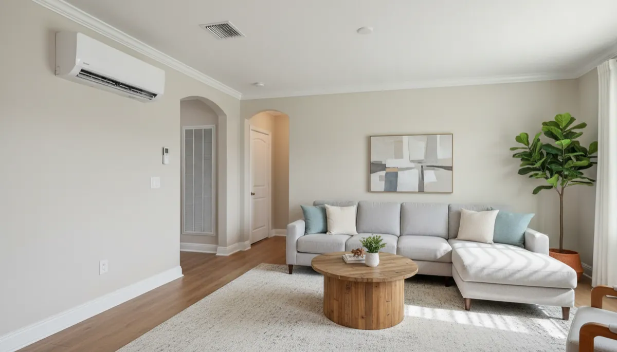 photorealistic neutral-toned scene of a Port St. Lucie single-family home living room, one wall showing a sleek ductless mini-split indoor unit, the adjacent hallway hinting at a central AC return grille, soft natural daylight, modern but comfortable furnishings