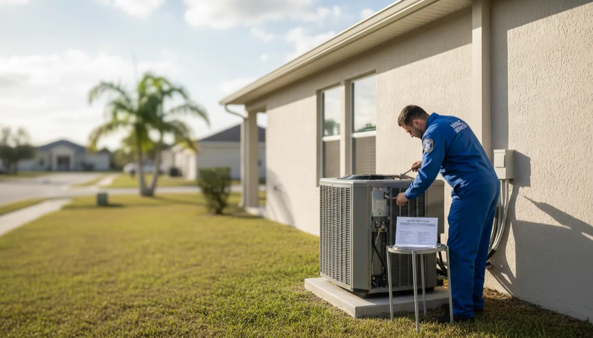 photorealistic neutral-toned exterior of a Port St. Lucie single-family home with an HVAC technician in uniform inspecting a central AC condenser next to the house, clipboard in hand, subtle city permit documents visible on a small work table