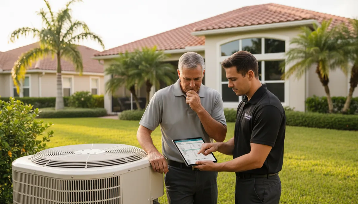 photorealistic neutral-toned scene of a Port St. Lucie Florida homeowner reviewing an HVAC estimate with a professional technician beside an outdoor AC unit in a clean suburban yard, soft natural light, modern home exterior