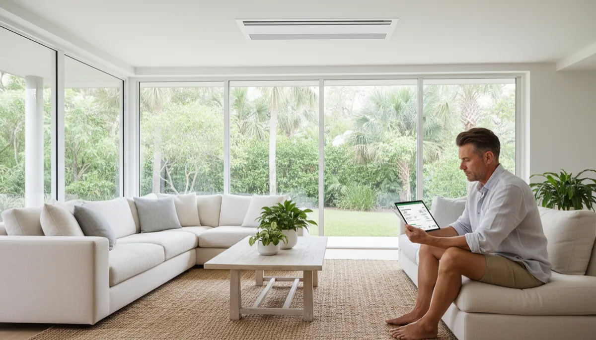 photorealistic neutral-toned Florida living room with large windows, modern high-efficiency AC air handler grille visible, homeowner reviewing energy bill on tablet, soft natural daylight