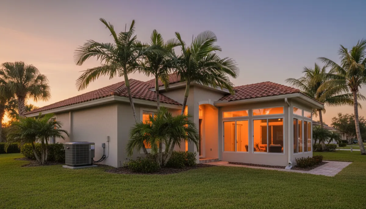 photorealistic neutral-toned Florida home with a new sunroom addition at sunset, visible outdoor AC condenser on side yard, large windows glowing warmly, palm trees in background