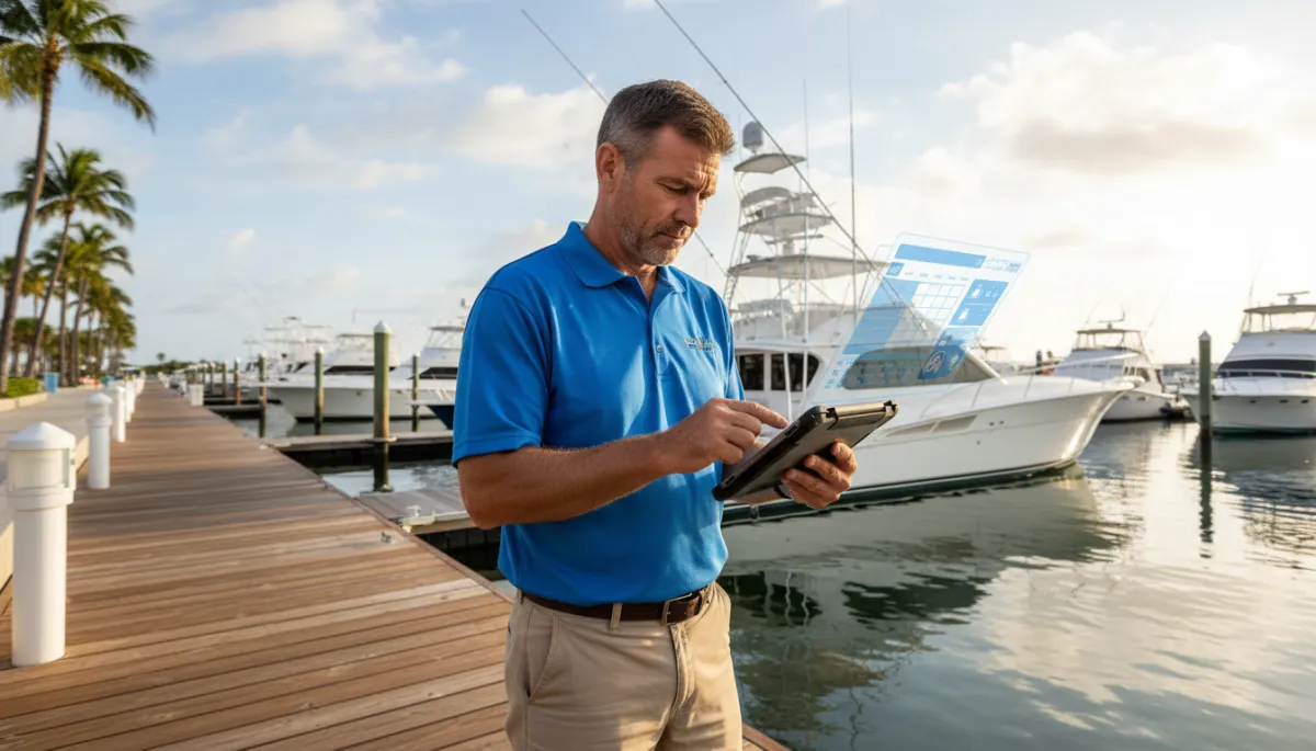 Replace with a photo-realistic rendered image of a fishing charter captain on the dock, checking bookings on a tablet with a modern marina in the background and subtle UI overlays suggesting dashboards and mobile booking screens.