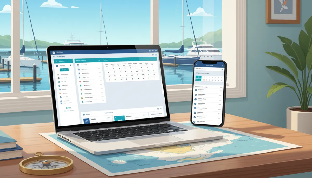 Replace with an actual screenshot of the VrixPlay product from vrixplay.com, showing the booking dashboard on both a laptop and a smartphone, with the dashboard displayed in a marina office environment.