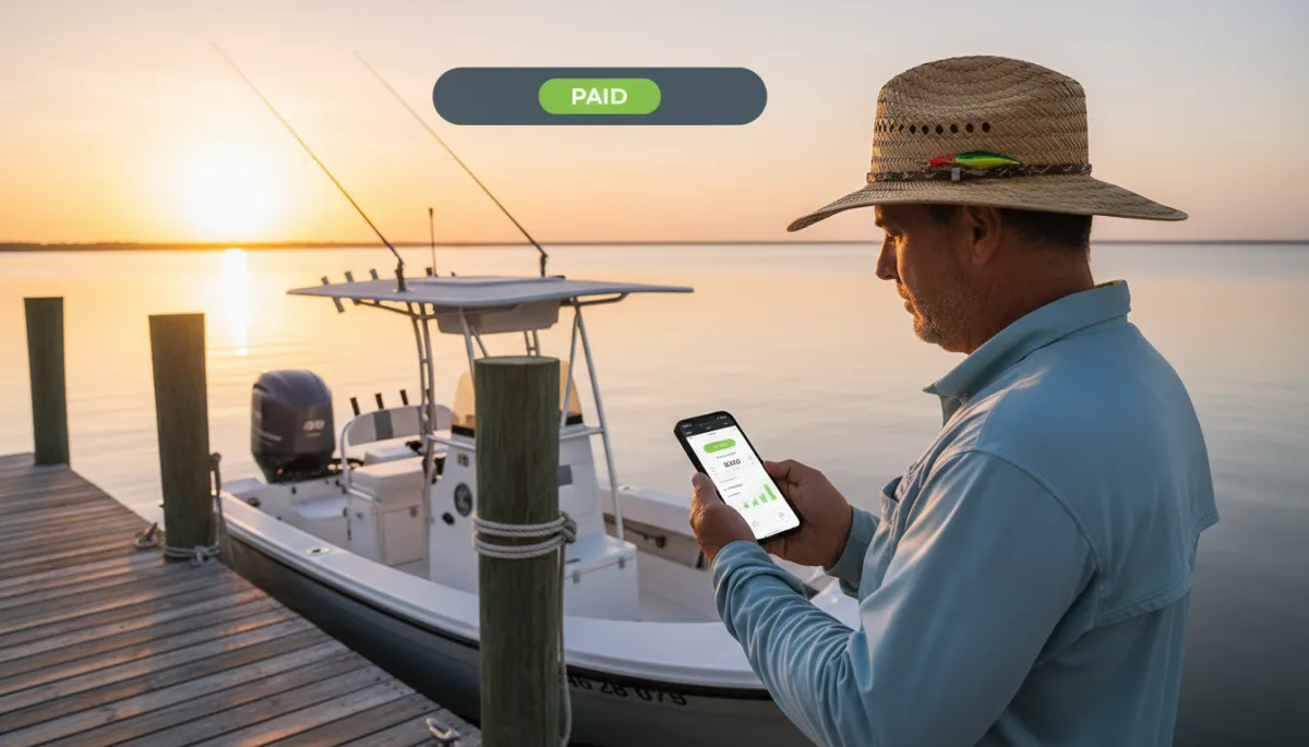 Captain reviewing charter balance status on smartphone at the dock Captain reviewing charter balance status on smartphone at the dock