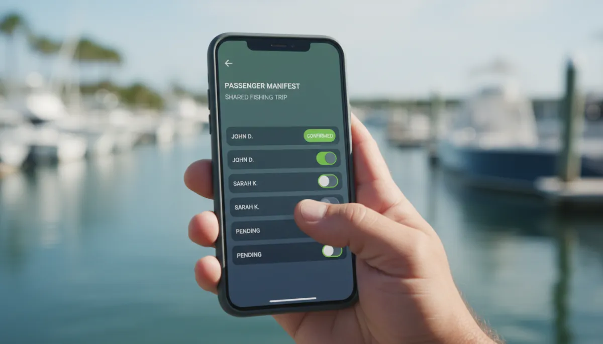 Phone displaying per-seat passenger manifest for a shared fishing charter Phone displaying per-seat passenger manifest for a shared fishing charter