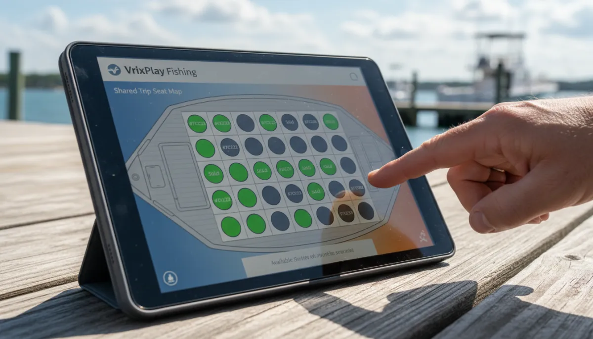 Tablet showing shared trip per-seat booking layout for a fishing charter Tablet showing shared trip per-seat booking layout for a fishing charter