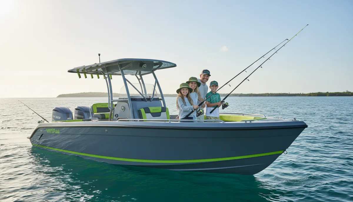 Family enjoying a private charter fishing trip on a modern boat Family enjoying a private charter fishing trip on a modern boat