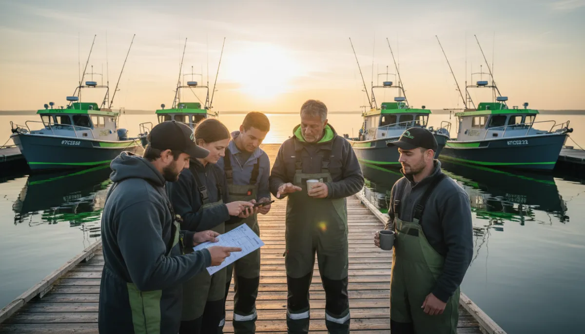 Fishing charter crew reviewing the passenger manifest together at sunrise Fishing charter crew reviewing the passenger manifest together at sunrise