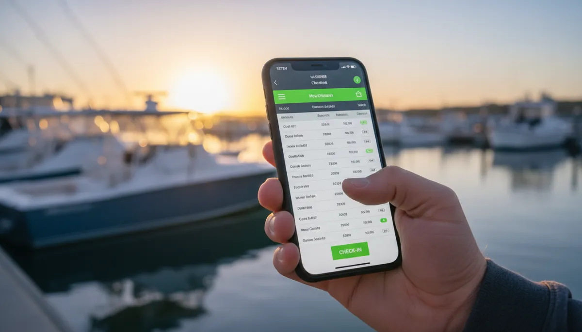 Digital fishing charter manifest displayed on a smartphone at the dock Digital fishing charter manifest displayed on a smartphone at the dock
