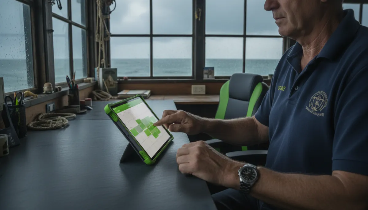 Charter captain rescheduling fishing trips on a tablet in the marina office