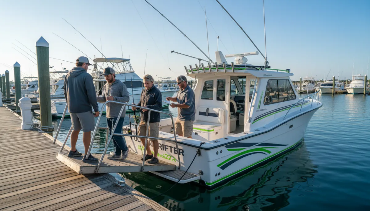 Photorealistic view of passengers boarding a charter boat while crew checks the manifest