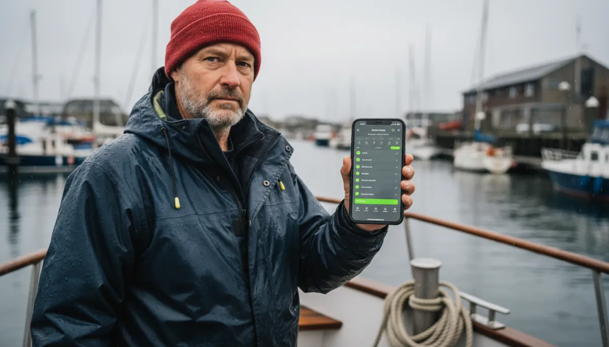Photorealistic captain reviewing a digital passenger manifest on a smartphone at the dock