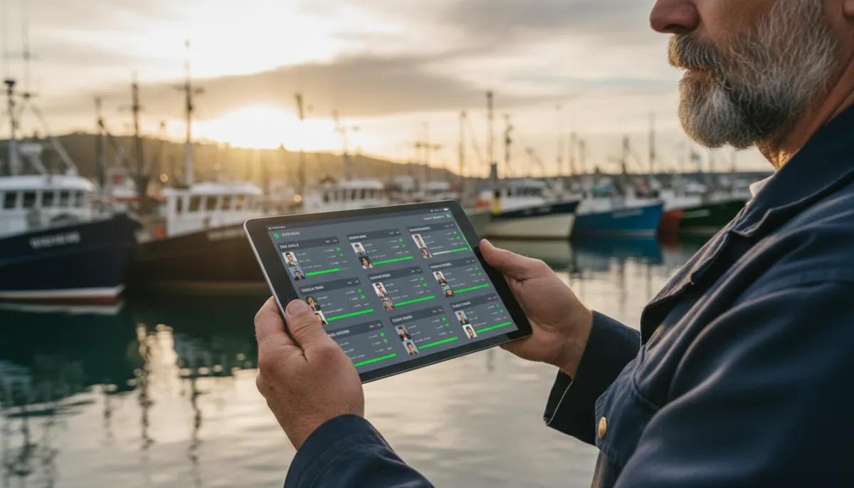 Tablet showing a fishing charter crew assignment dashboard for multiple boats Tablet showing a fishing charter crew assignment dashboard for multiple boats